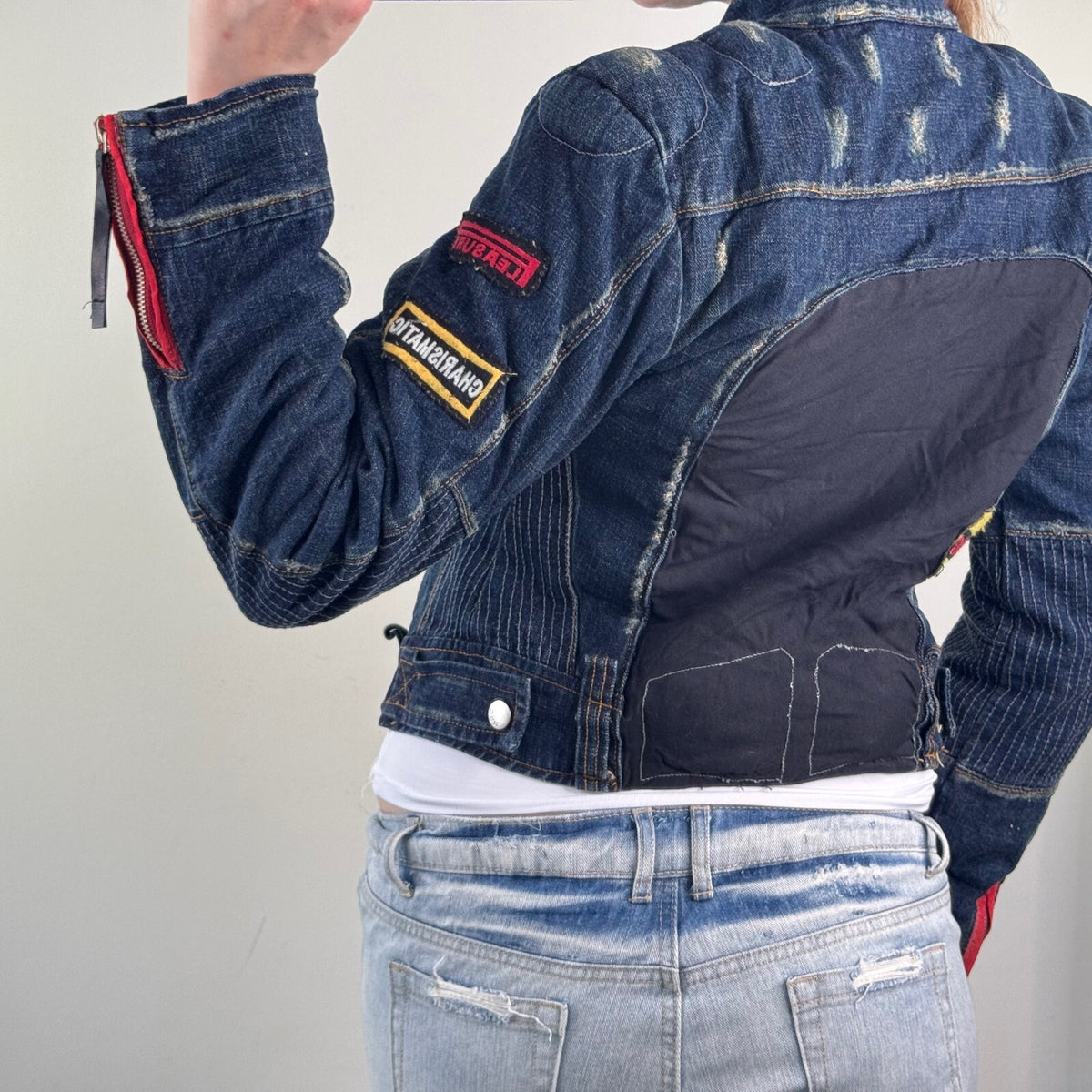 Y2K vintage denim jacket biker motorcycle moto zip up short patches high neck