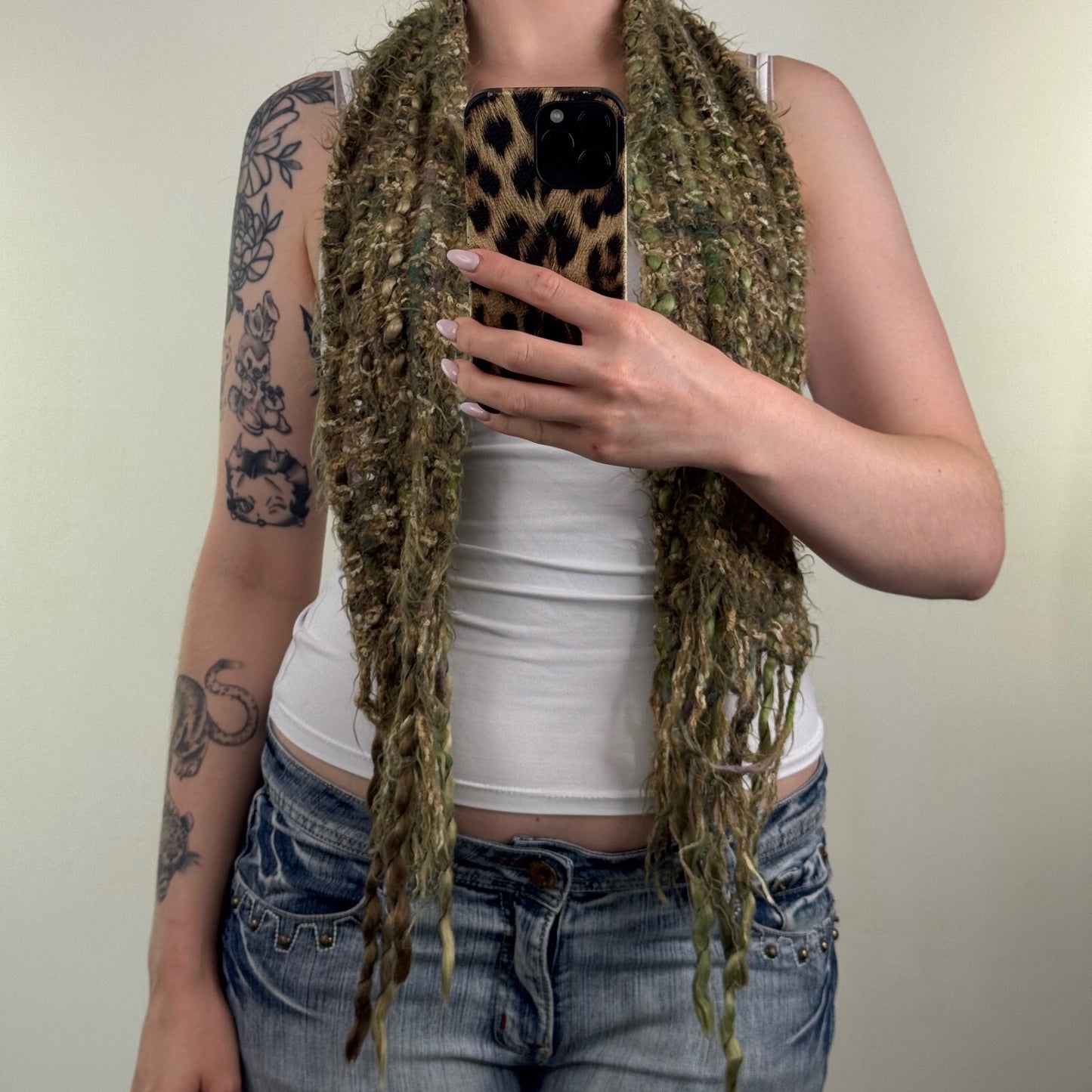 Y2K vintage scarf chunky knit fringe green fairy boho short
