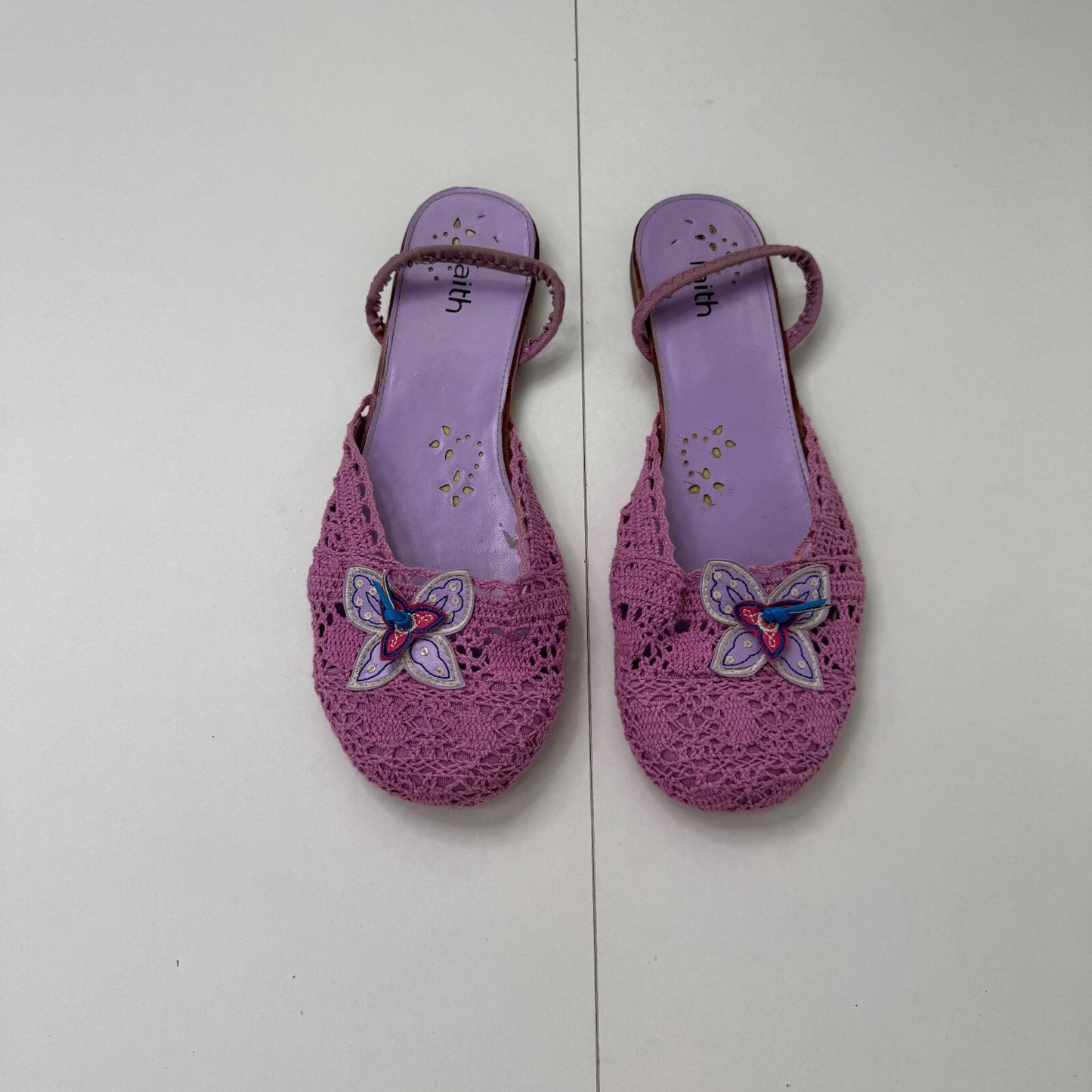 Y2K vintage Faith slip on sandals crochet butterfly lilac summer boho holiday