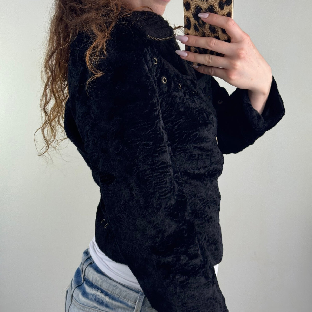 Y2K vintage bomber jacket zip up short grommet high neck knit faux fur archive