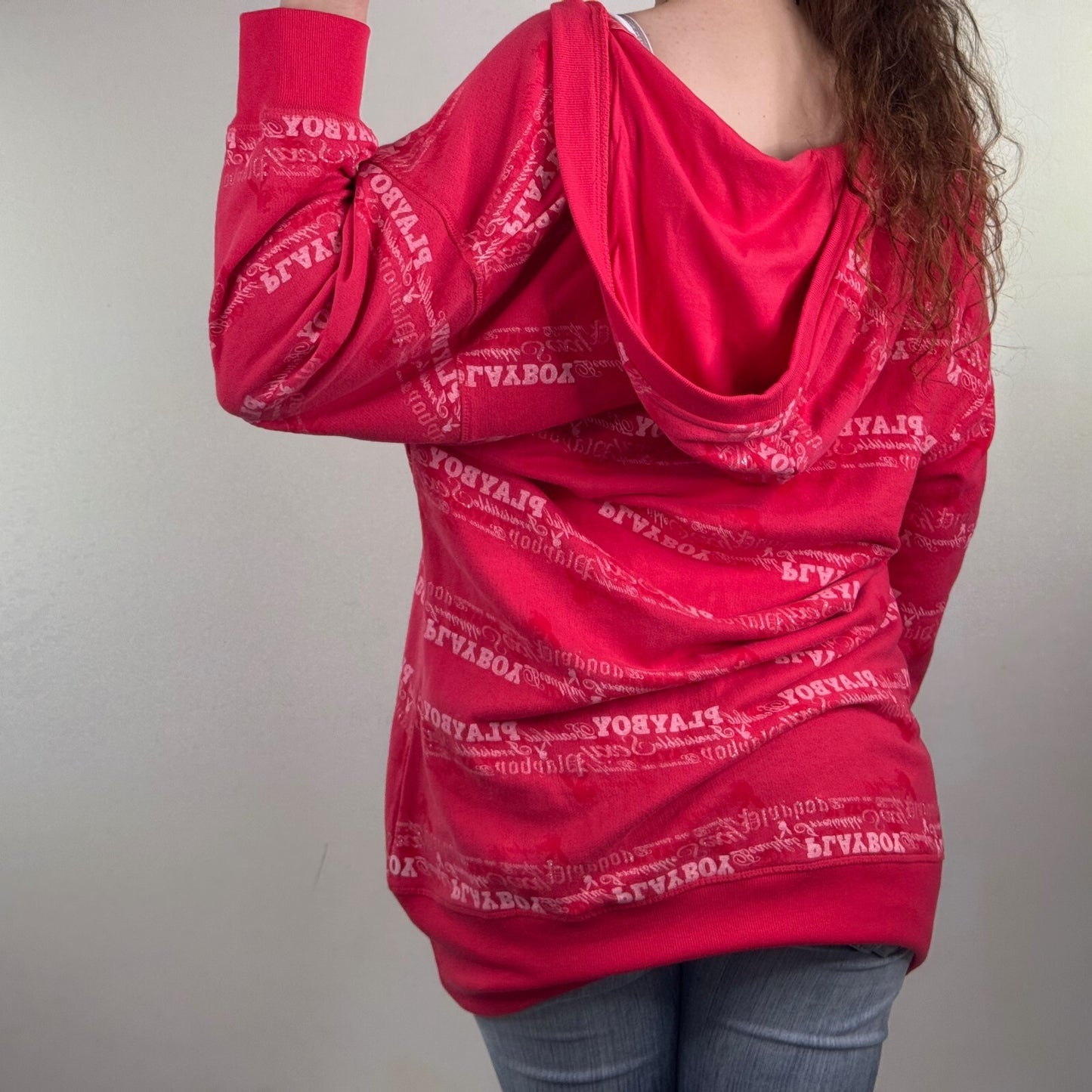 Y2K vintage Playboy hoodie v neck sparkly text 3/4 length sleeve