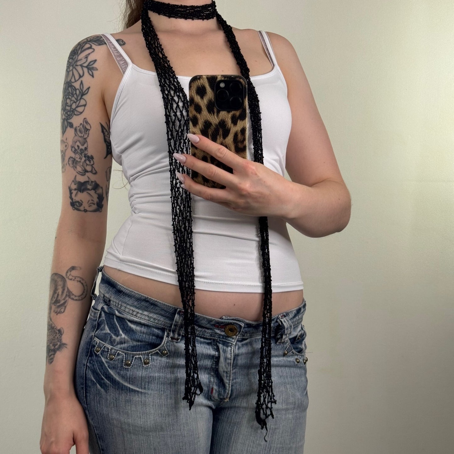 Y2K vintage beaded scarf skinny thin sheer black