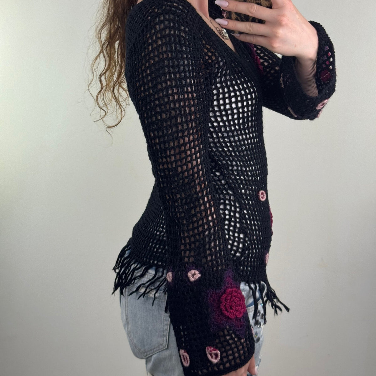 Y2K vintage crochet jumper knit floral pattern flare long sleeve fringe v neck