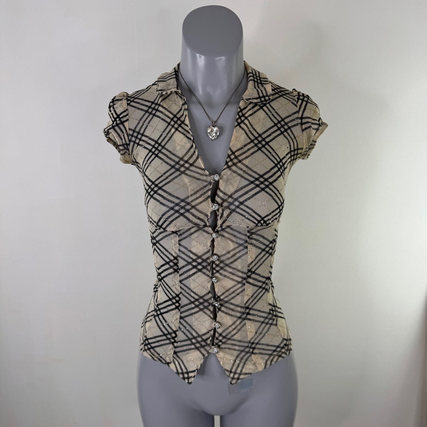 Y2K vintage Jane Norman short sleeve top mesh nova check sheer milkmaid lace up