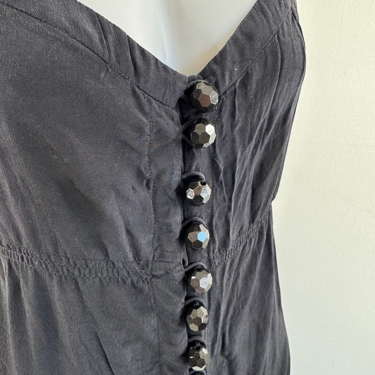 Y2K vintage silk mini dress ruffle button up pockets fairy boho coquette black