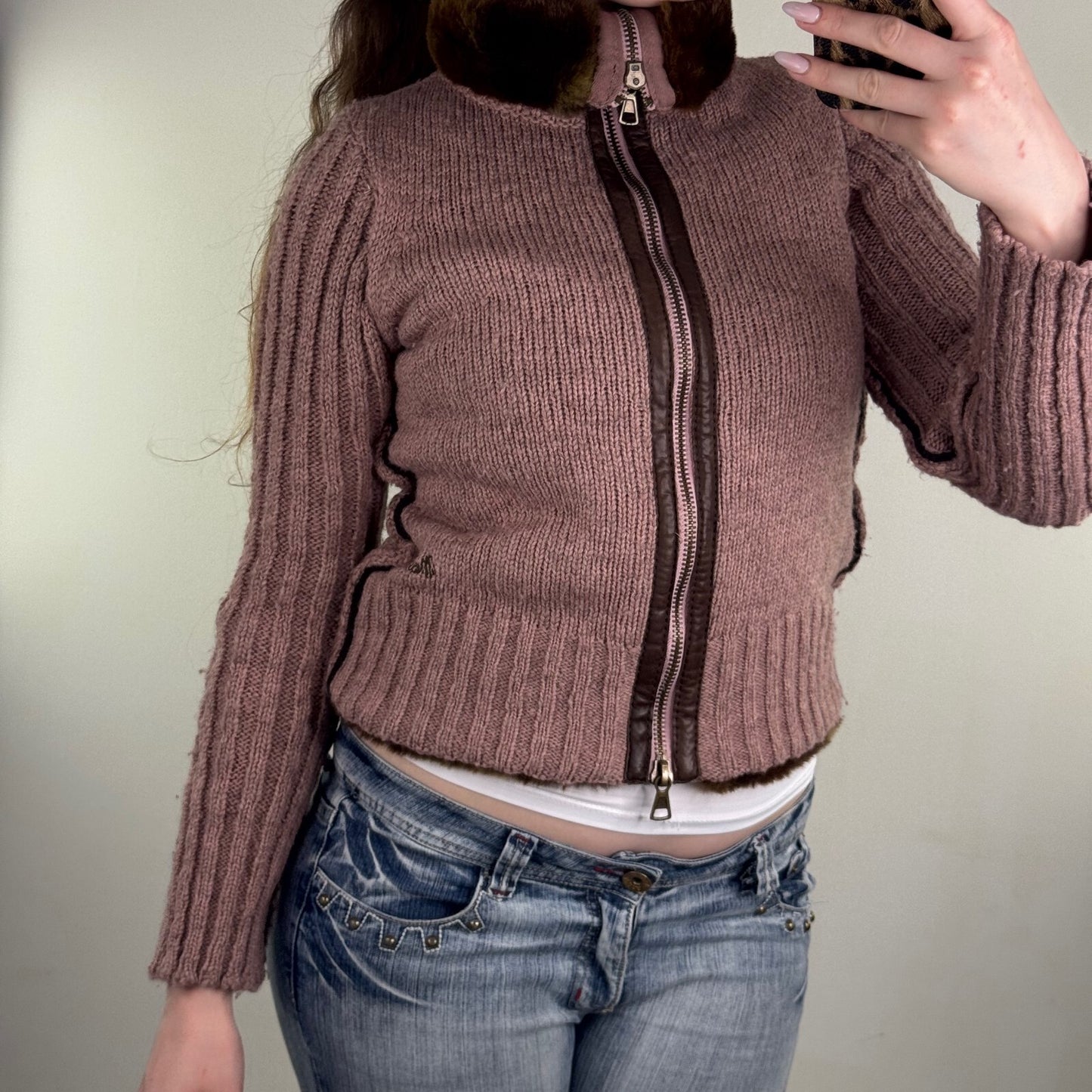 Y2K vintage Miss Sixty zip up jumper chunky knit wool high roll neck faux fur