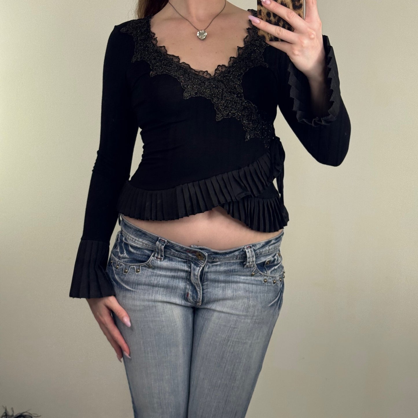 Y2K vintage long sleeve top wrap around flare sleeve pleated lace trim bow