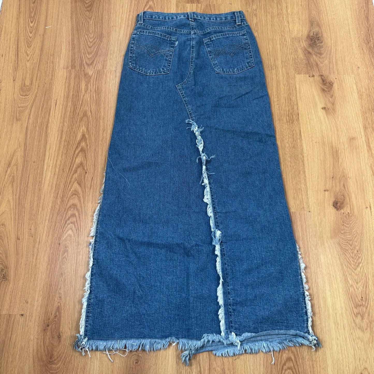 Y2K vintage denim maxi skirt a line fraying hem mid blue wash high slit long