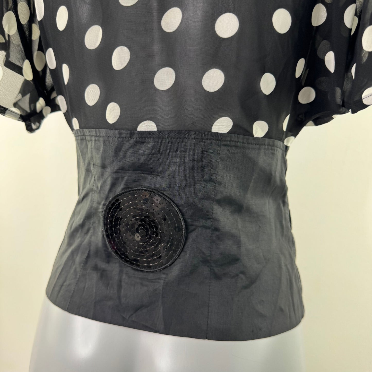 Y2K vintage blouse short flare sleeve polka dot sequin waistcoat button up sheer
