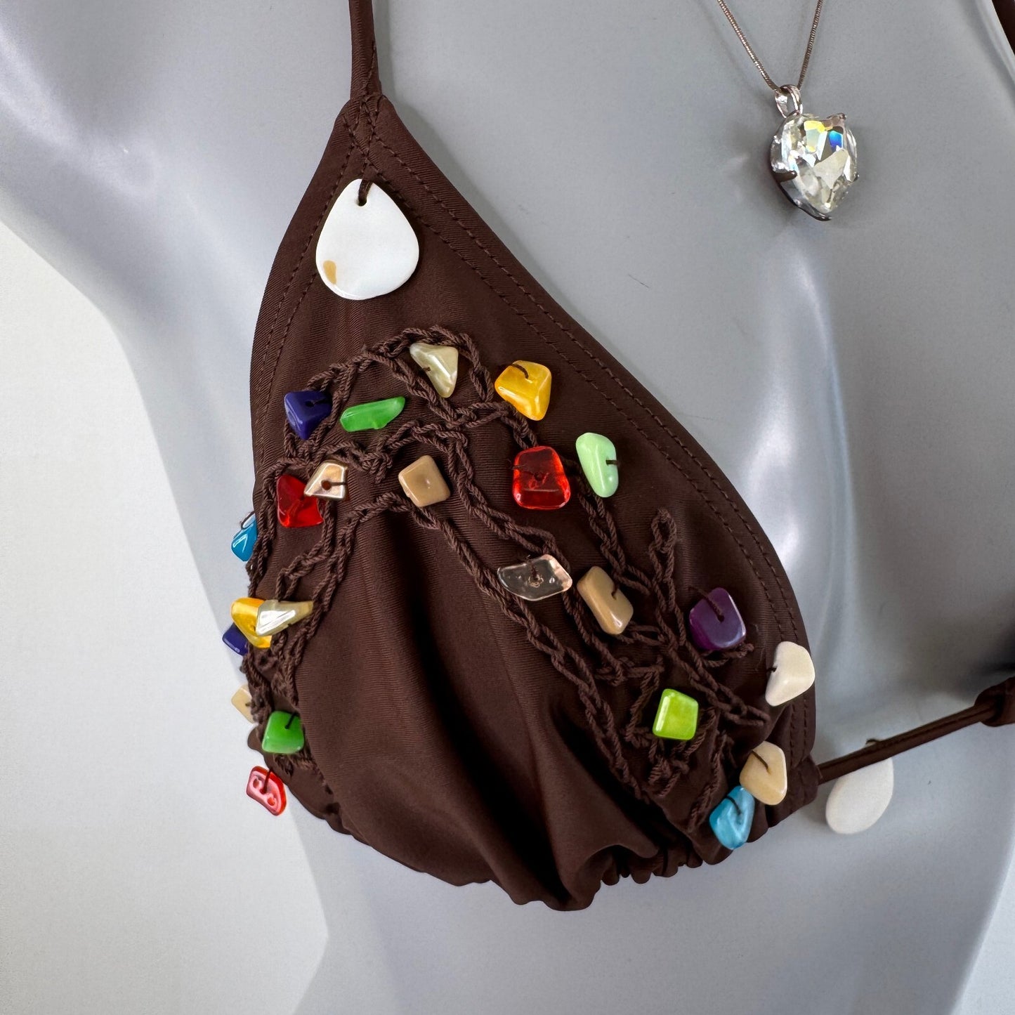 Y2K vintage bikini top halter neck beaded shell embellished bow