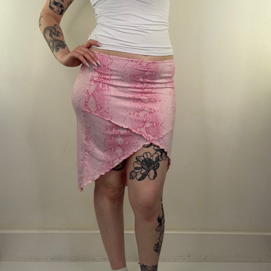 Y2K vintage mini skirt snakeskin bodycon asymmetrical lettuce hem stretchy