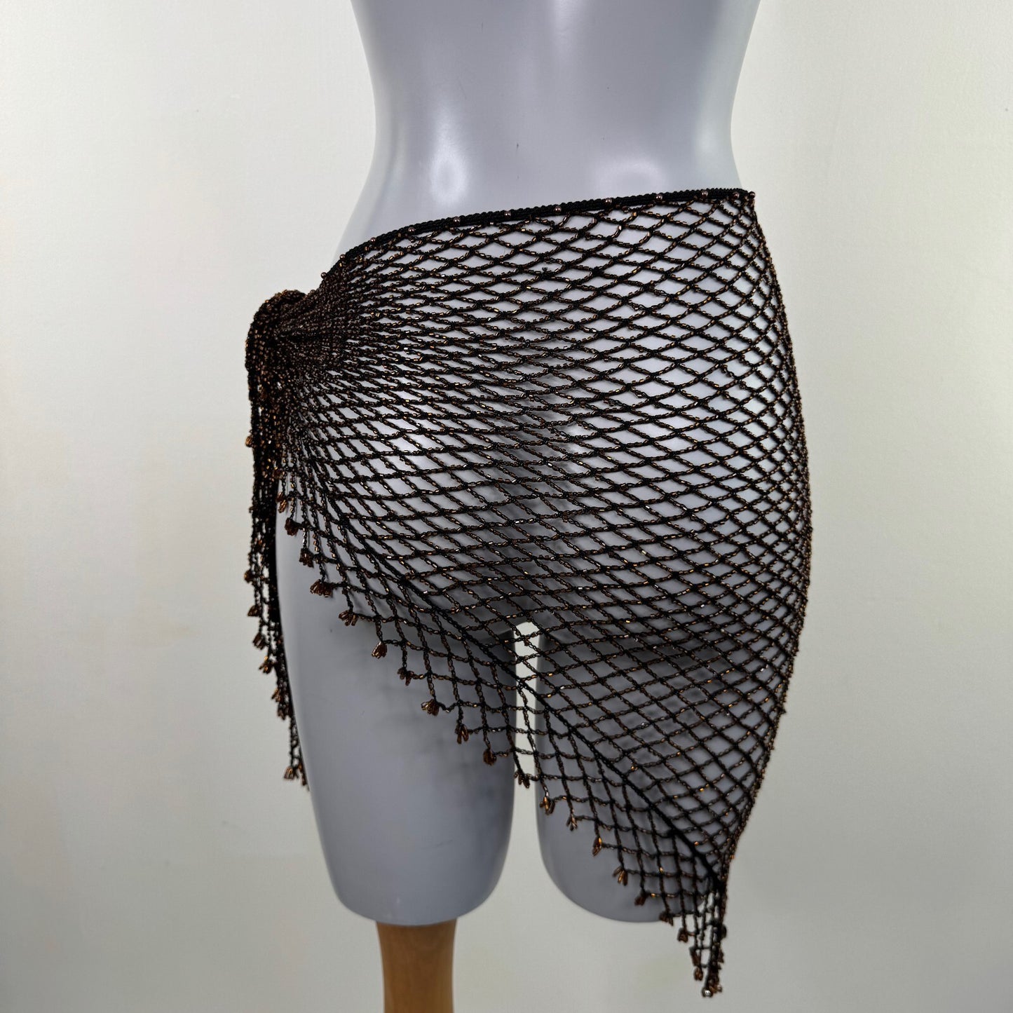 Y2K vintage beaded sarong fine knit black brown cover up scarf