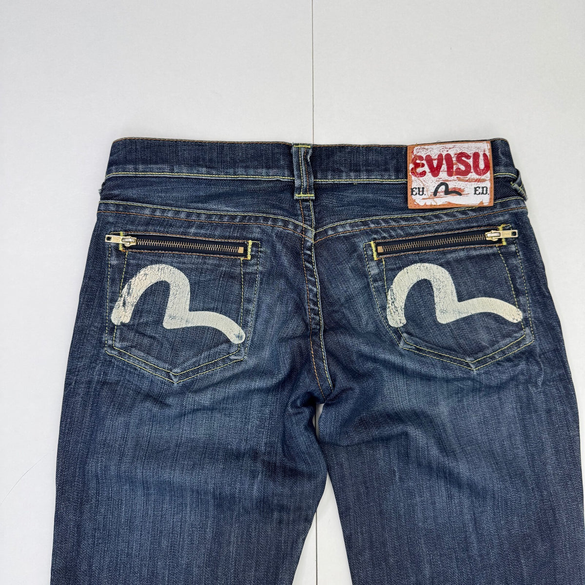 Vintage Y2K Evisu Low Rise Bootcut Jeans Distressed Seagull Logo Dark Wash Denim