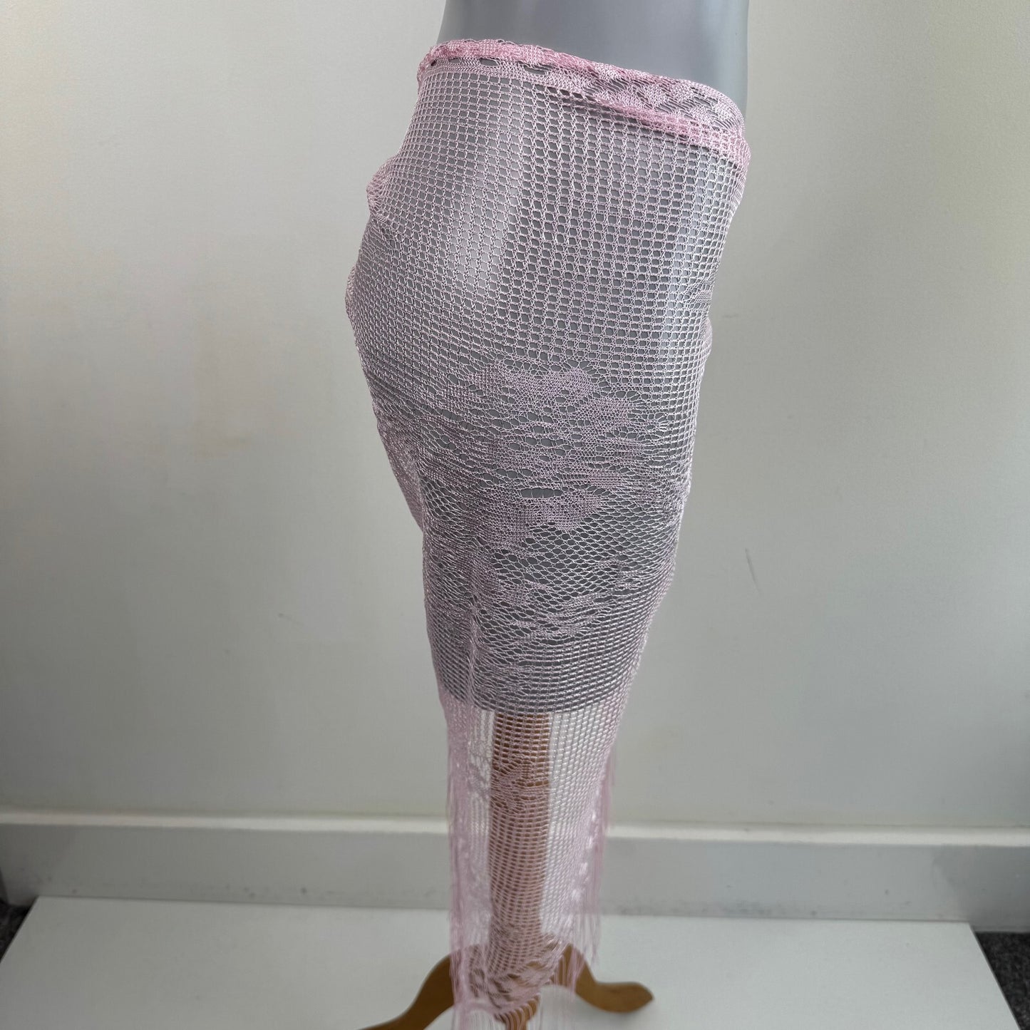 Y2K vintage sarong scarf fine knit lace sheer baby pink fringe floral cover up