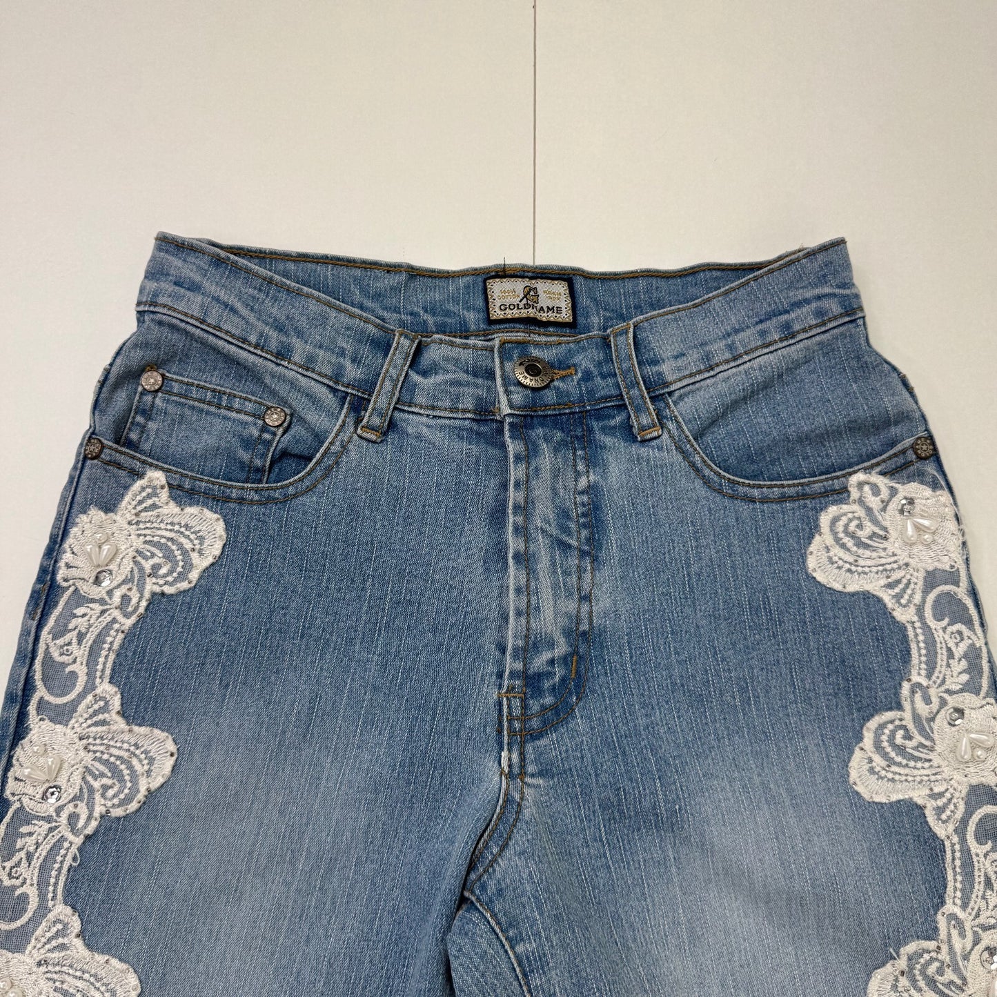 Y2K vintage bootcut denim jeans lace trim detail coquette beaded mid rise