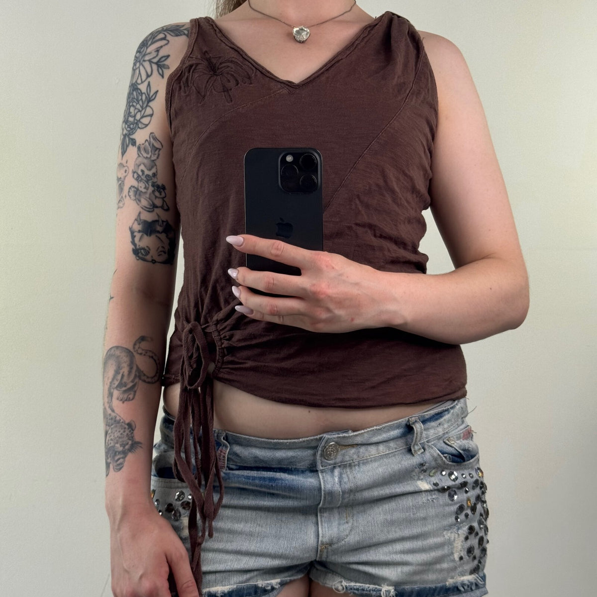 Y2K vintage tank top v neck wrap bow floral embroidery ruched asymmetrical