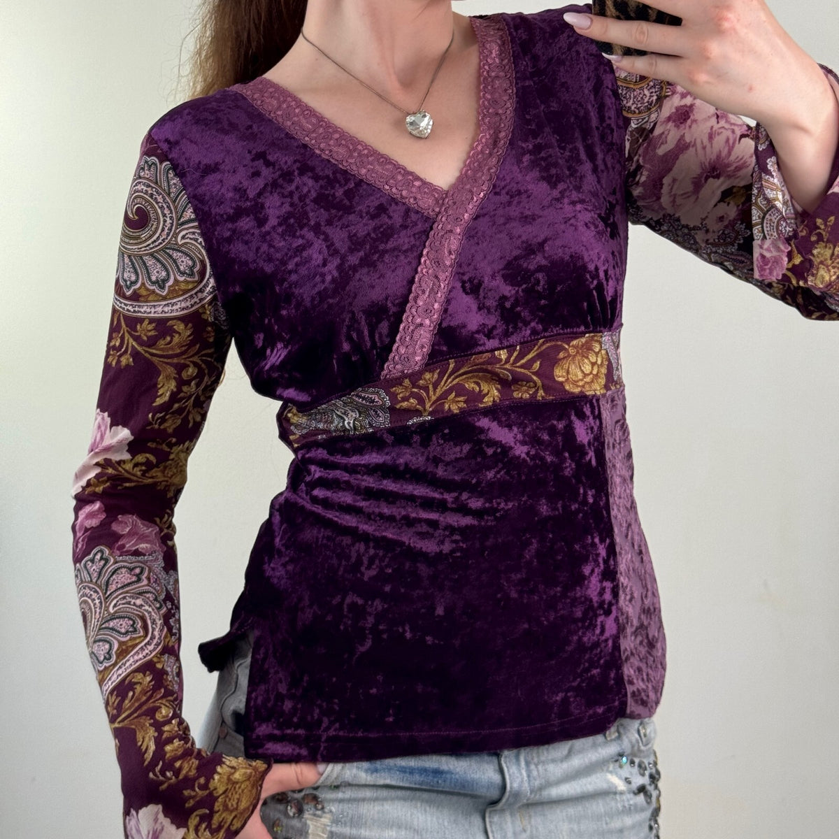 Y2K vintage flare sleeve top boho patchwork lace trim v neck velvet mesh paisley