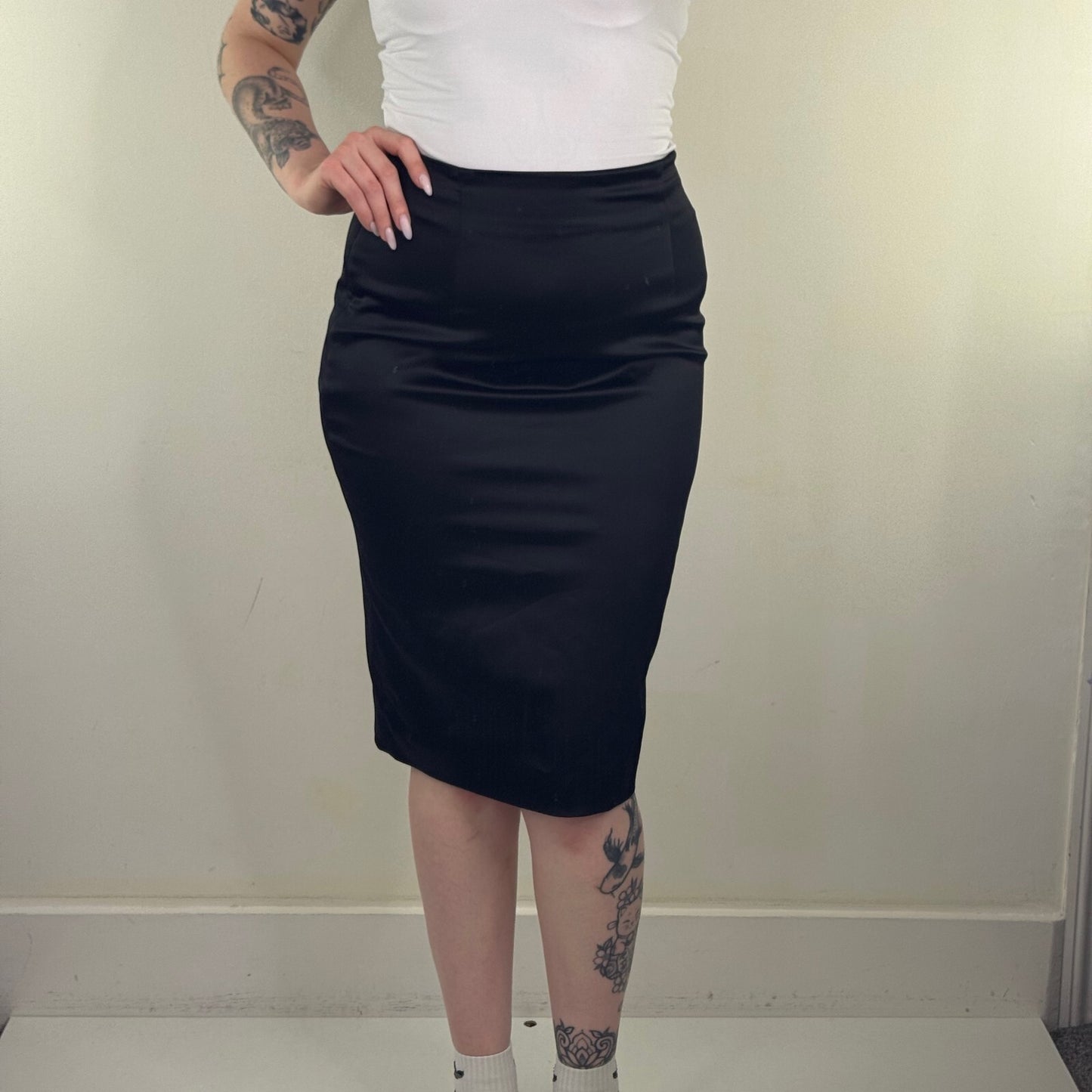Y2K vintage satin midi skirt fitted tailored slit knee length formal high waist