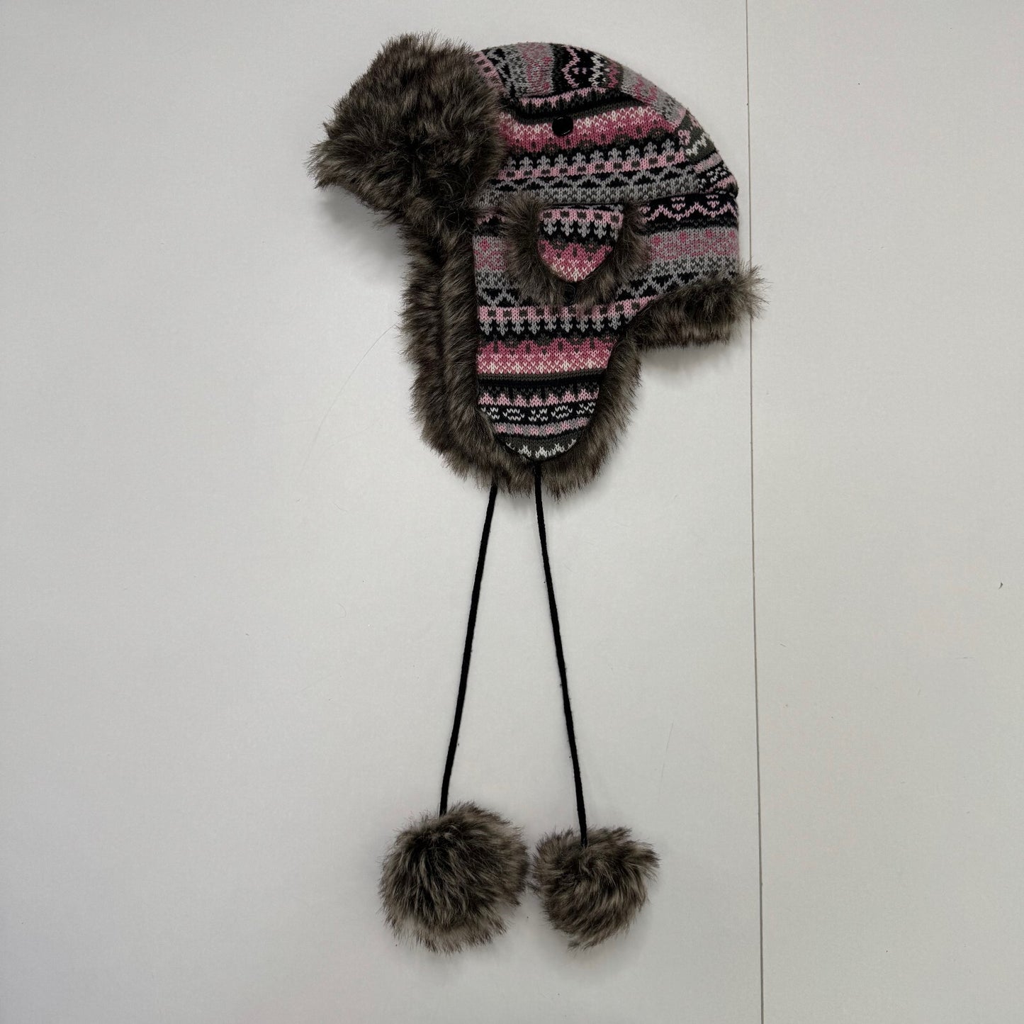 Y2K vintage trapper hat faux fur pom poms aztec knit print pink grey black