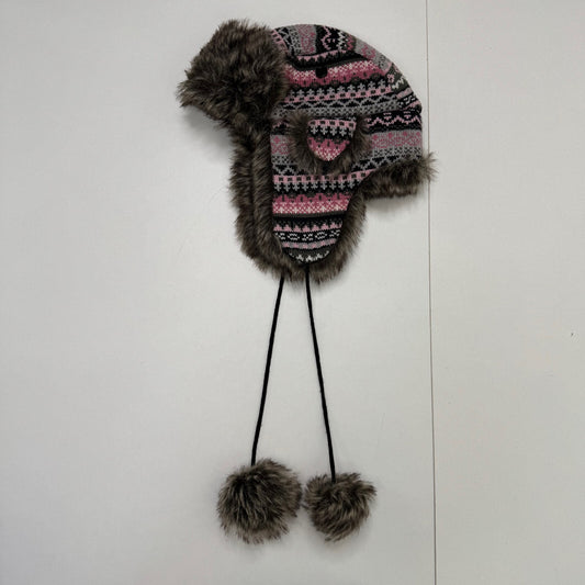 Y2K vintage trapper hat faux fur pom poms aztec knit print pink grey black