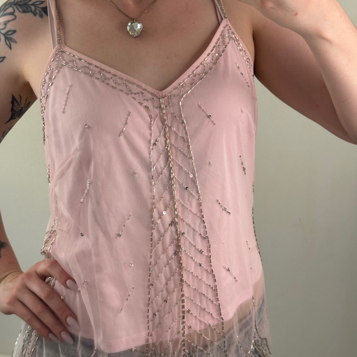 Y2K vintage fairy cami top beaded embellished baby pink mesh sequin coquette
