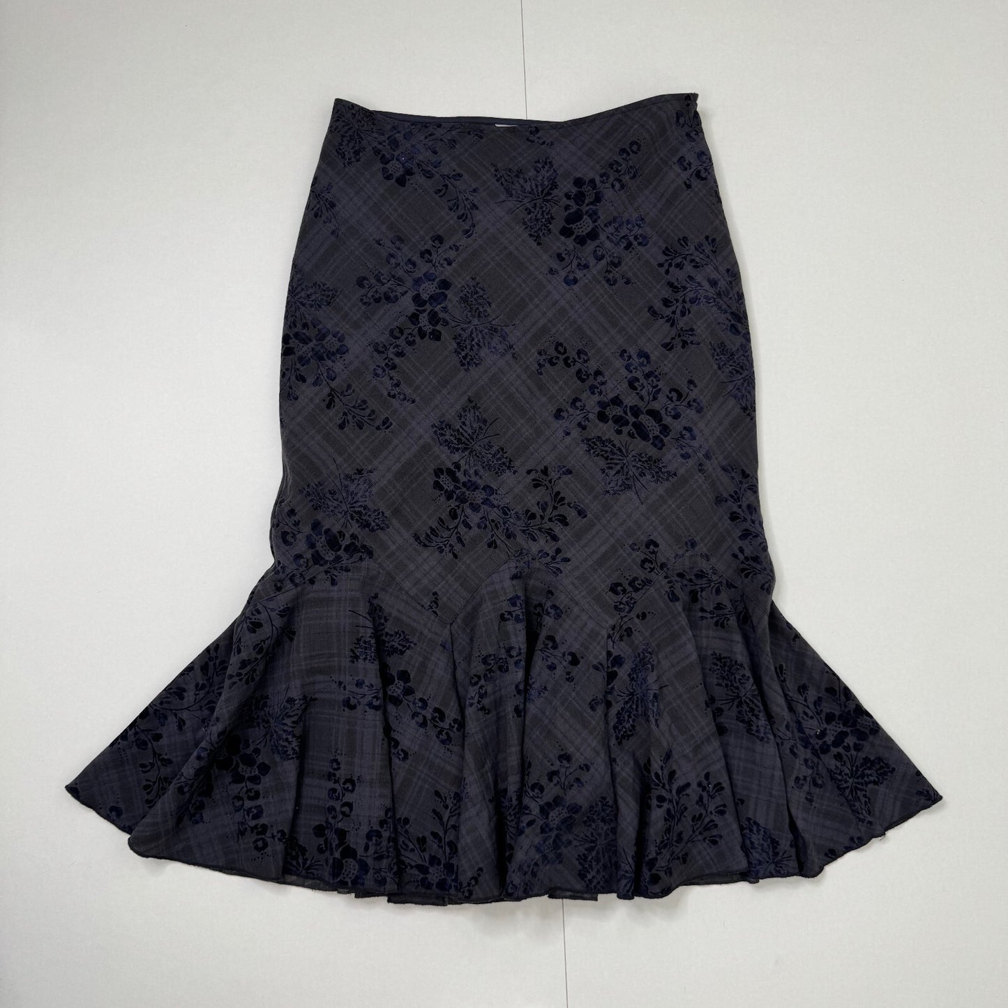 Y2K vintage Per Una midi skirt fishtail fitted navy tartan check print velvet