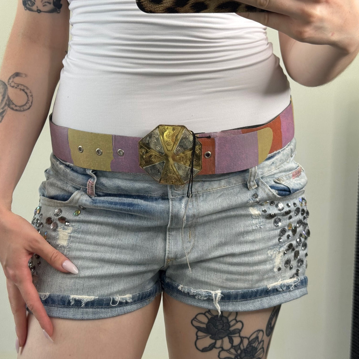 Y2K vintage belt boho colourful rainbow embossed circle hexagon disc