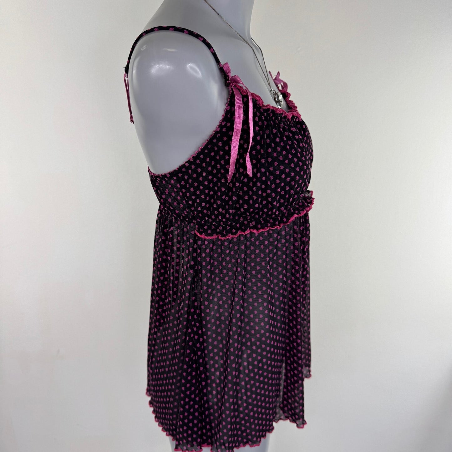 Y2K vintage mesh babydoll cami top hearts bow ruched bust sheer