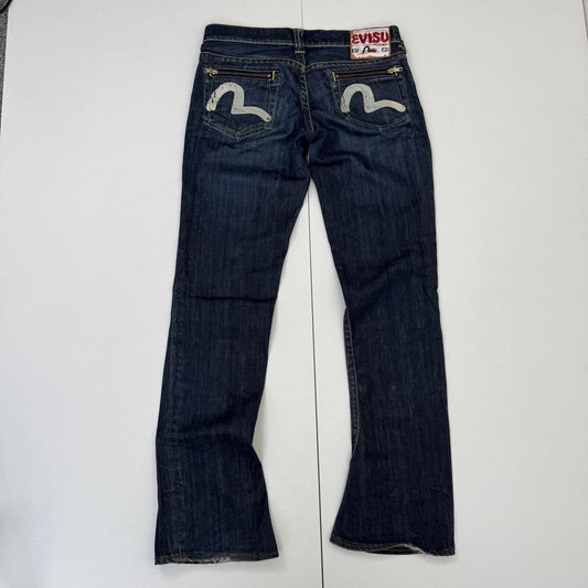 Vintage Y2K Evisu Low Rise Bootcut Jeans Distressed Seagull Logo Dark Wash Denim