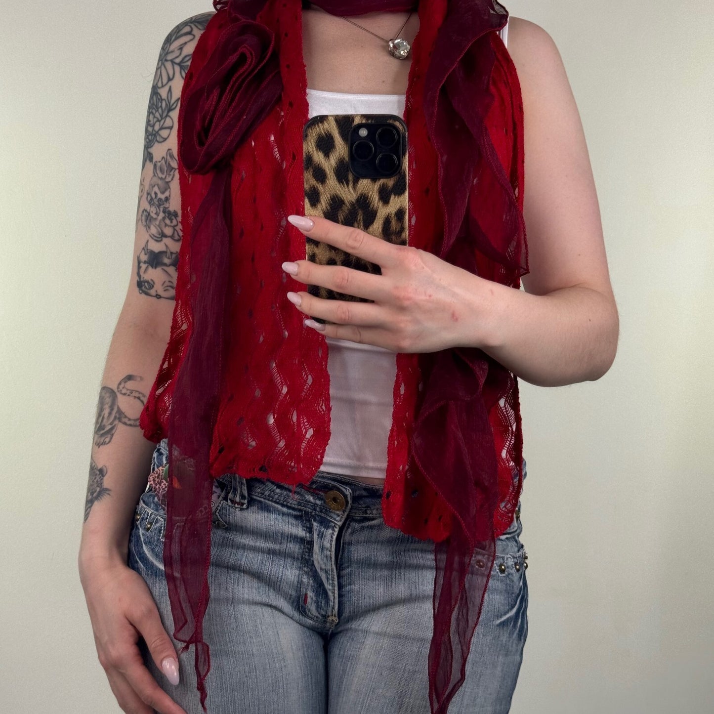 Y2K vintage scarf rose knit frilly red burgandy