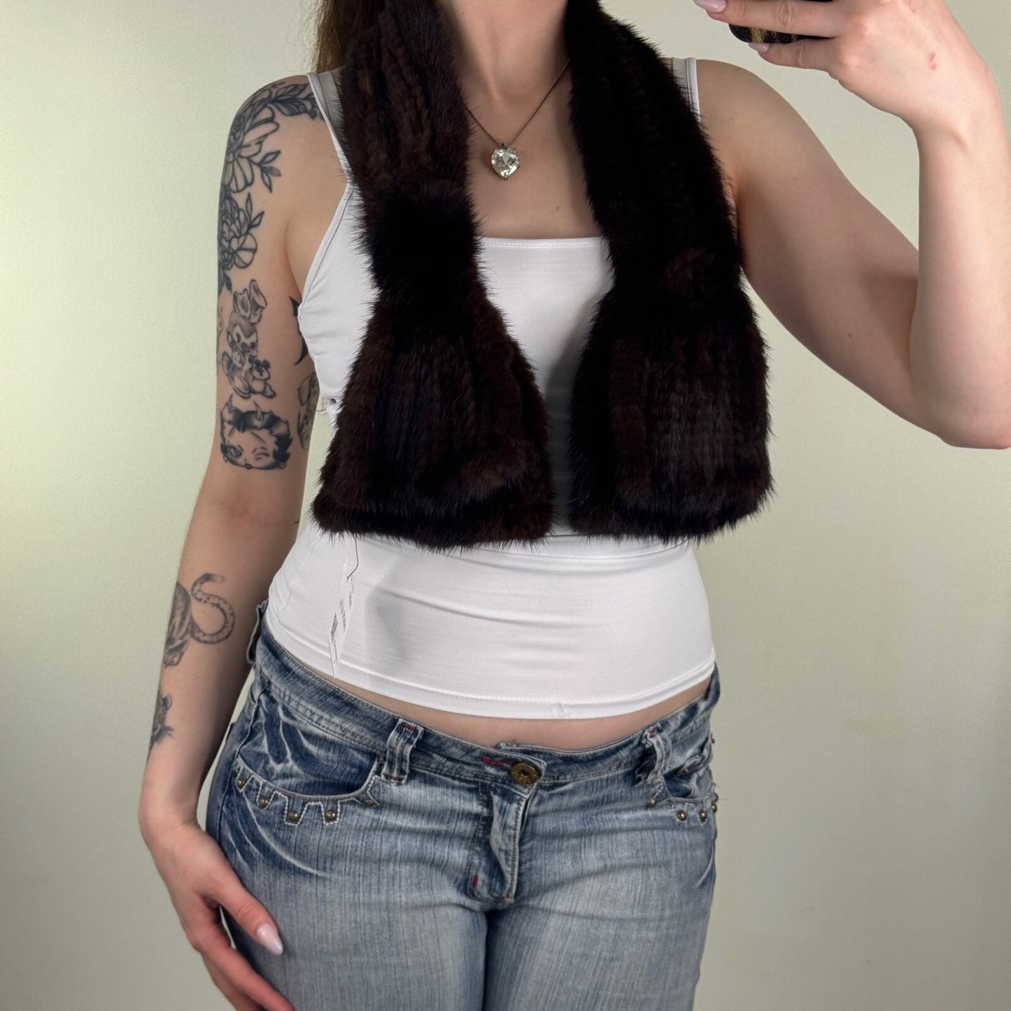 Vintage genuine mink fur scarf dark brown short length