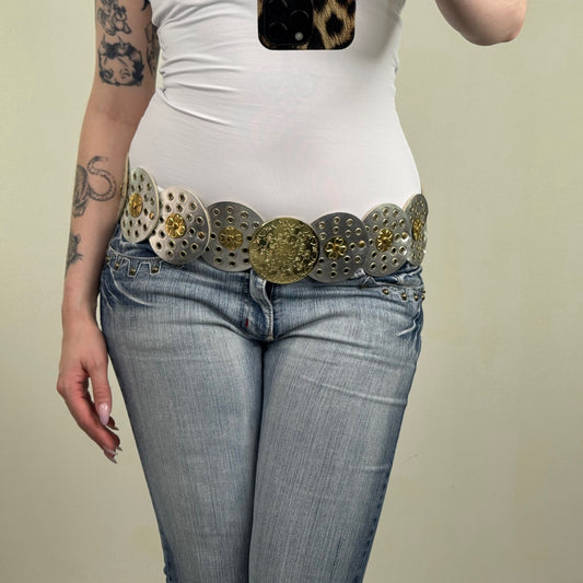 Y2K vintage disc belt faux leather boho silver gold