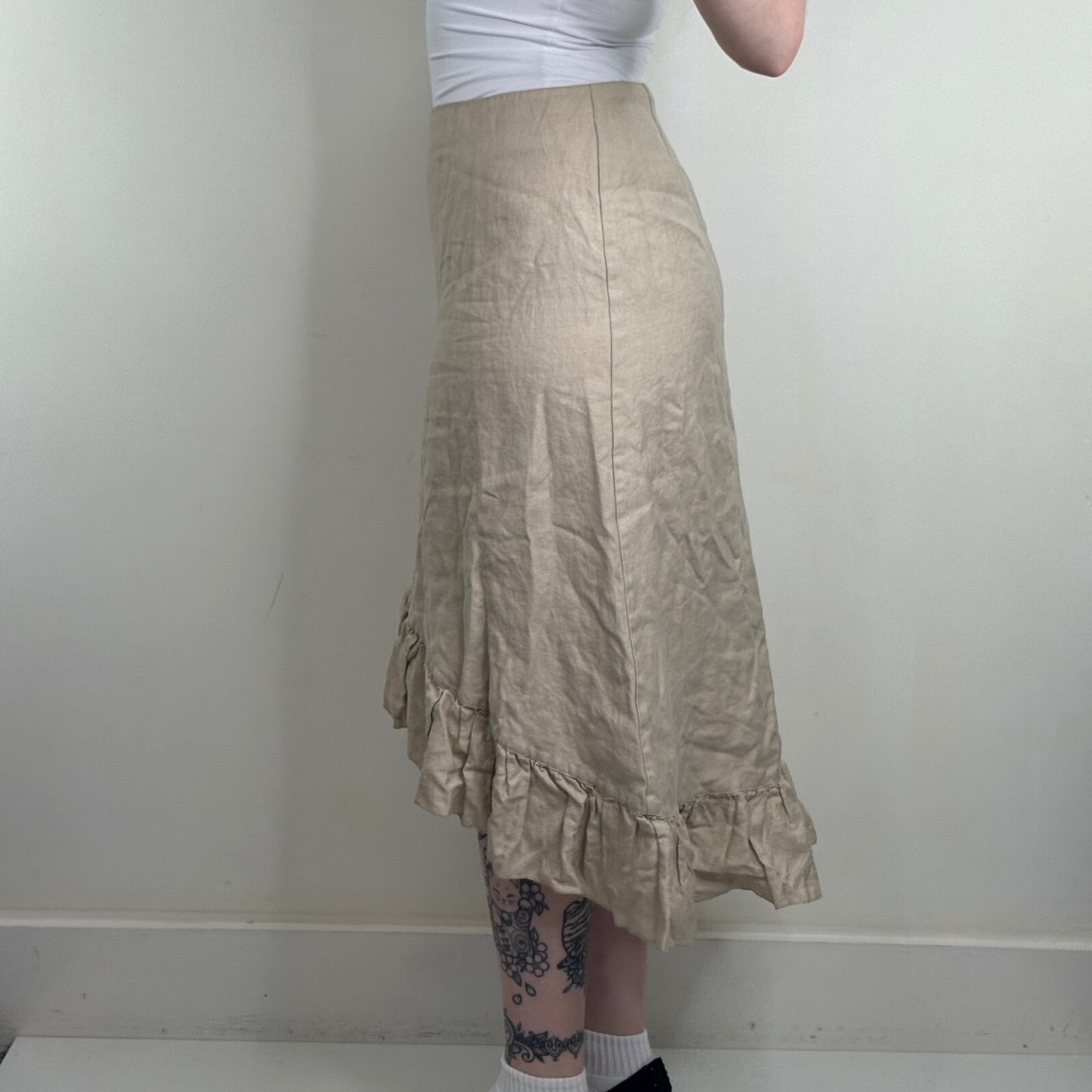 Y2K vintage 100% linen midi skirt asymmetrical hem ruffle button cream