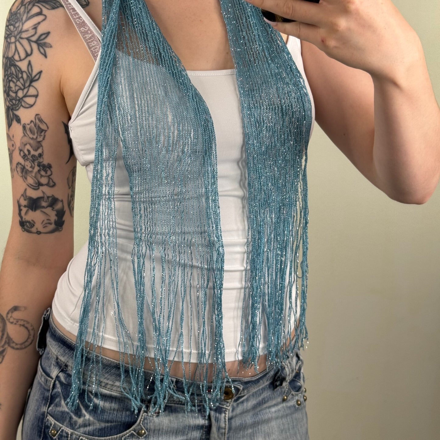 Y2K vintage scarf skinny thin sheer fine knit light blue fringe sparkly glitter