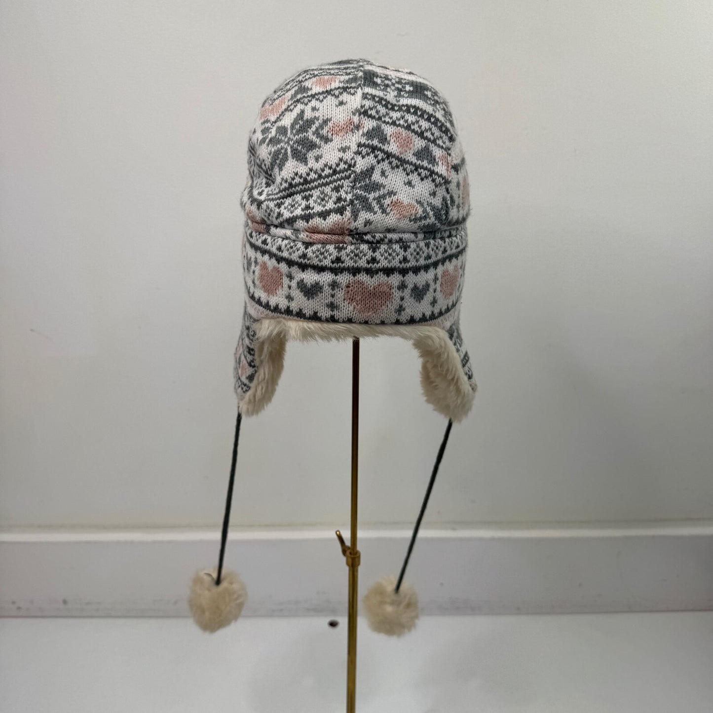 Y2K vintage trapper hat knit faux fur trim pom poms heart aztec print