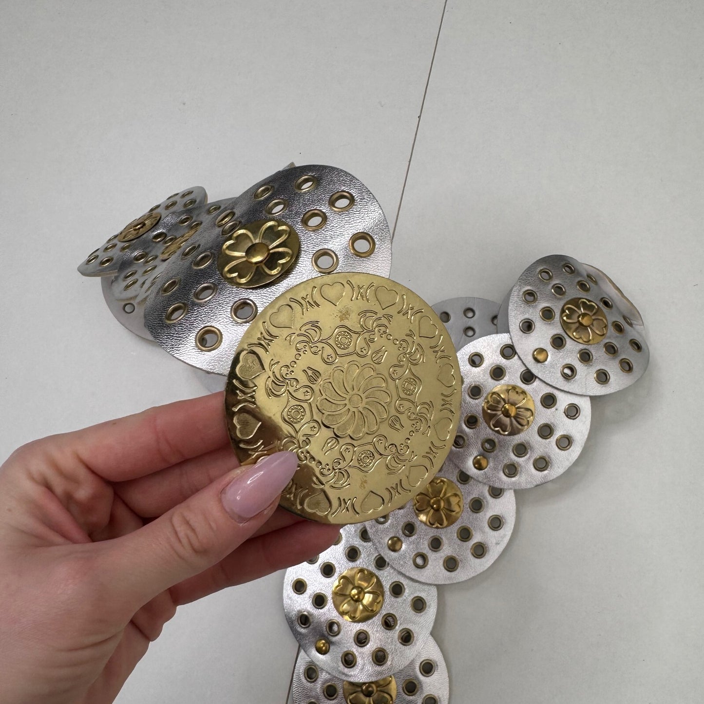 Y2K vintage disc belt faux leather boho silver gold