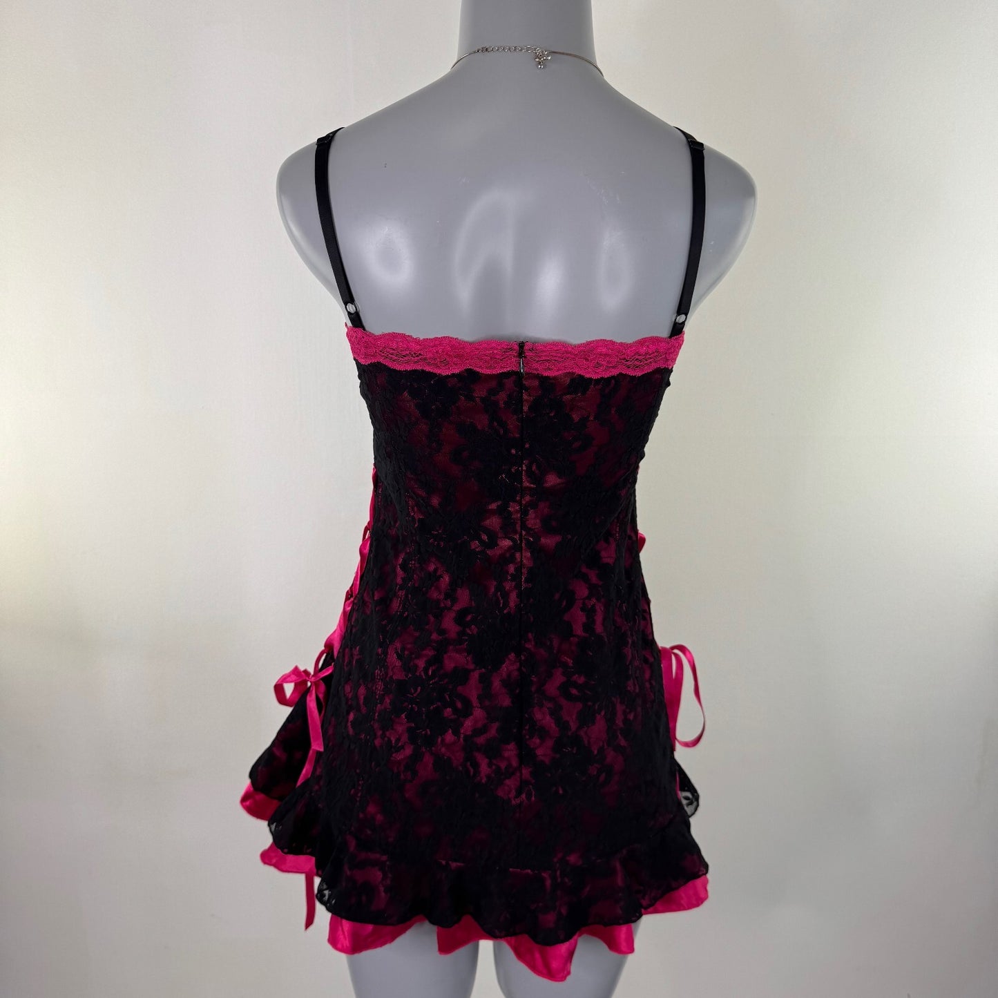 Y2K vintage chemise babydoll mini dress lace up trim frilly rara pink black bow