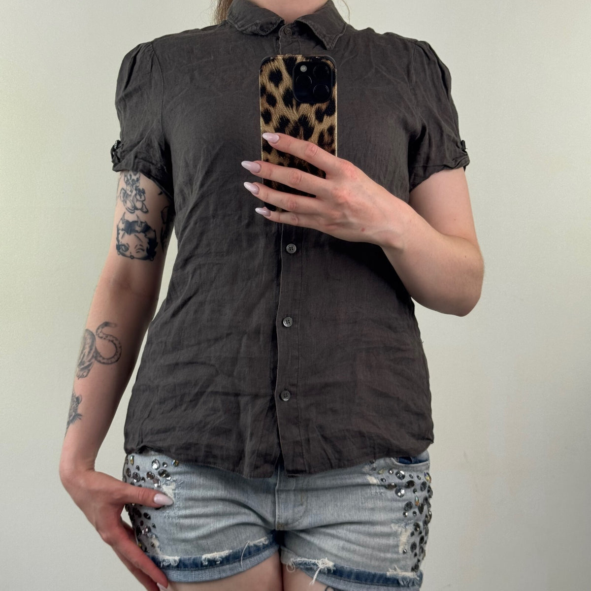 Y2K vintage linen blouse button up dark brown shirt short sleeve lightweight