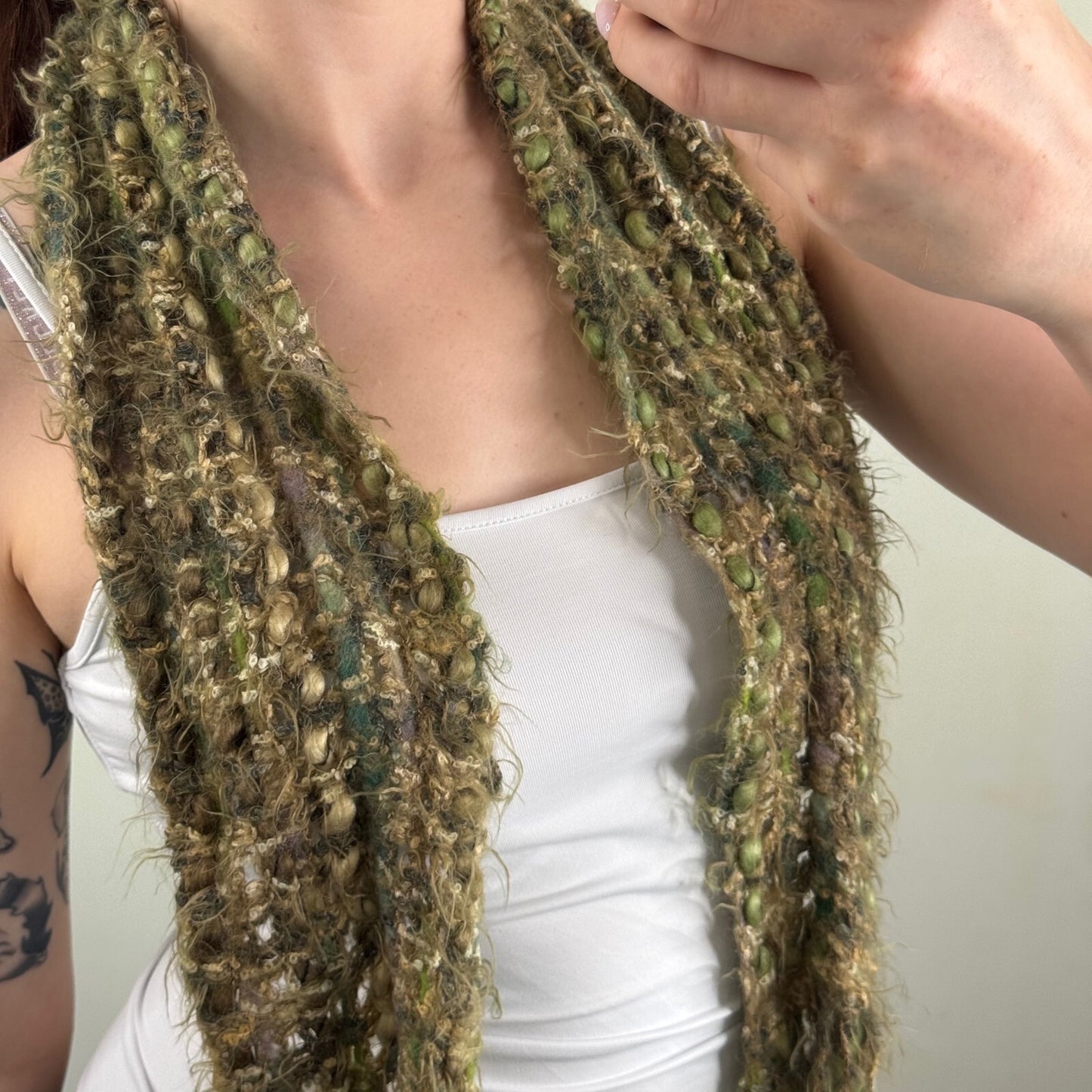Y2K vintage scarf chunky knit fringe green fairy boho short