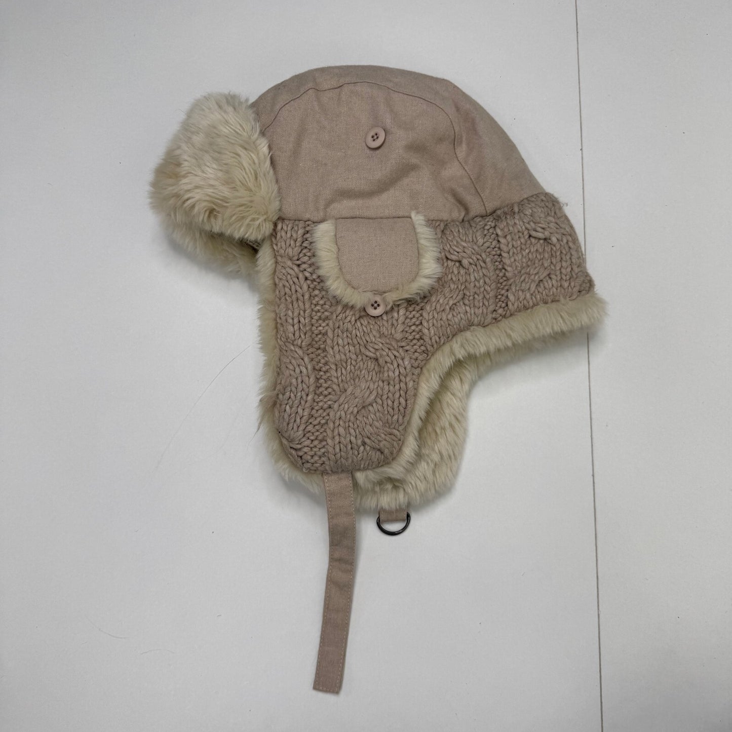 Y2K vintage trapper hat faux fur trim cable knit beige cream wool blend