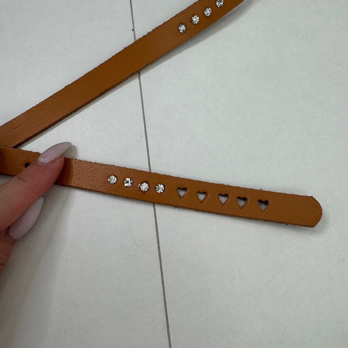 Y2K vintage 100% genuine leather belt hearts rhinestone skinny thin tan brown