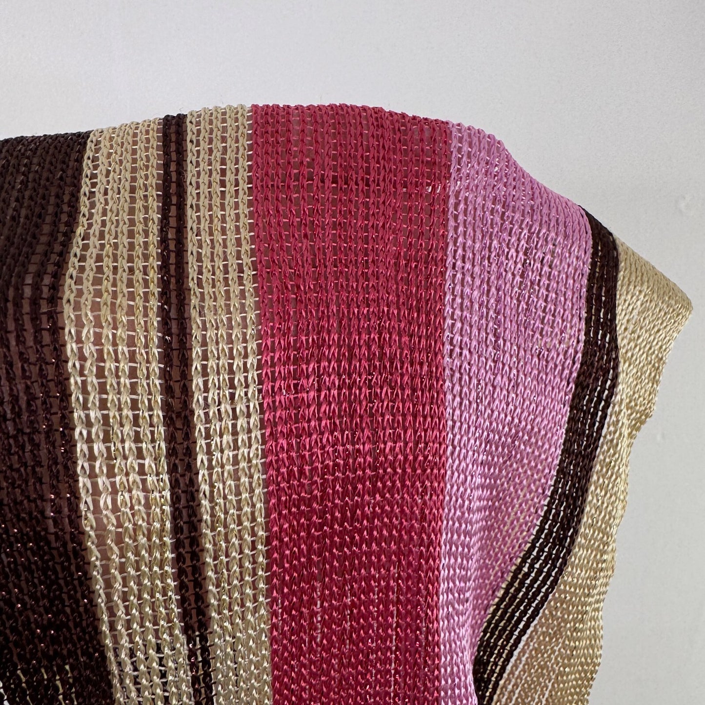 Y2K vintage scarf fine knit stripe fringe pink brown cream multi