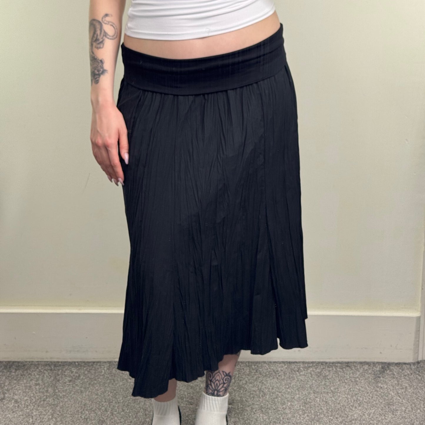 Y2K vintage maxi skirt fold over waistband flowy a line crinkle low rise