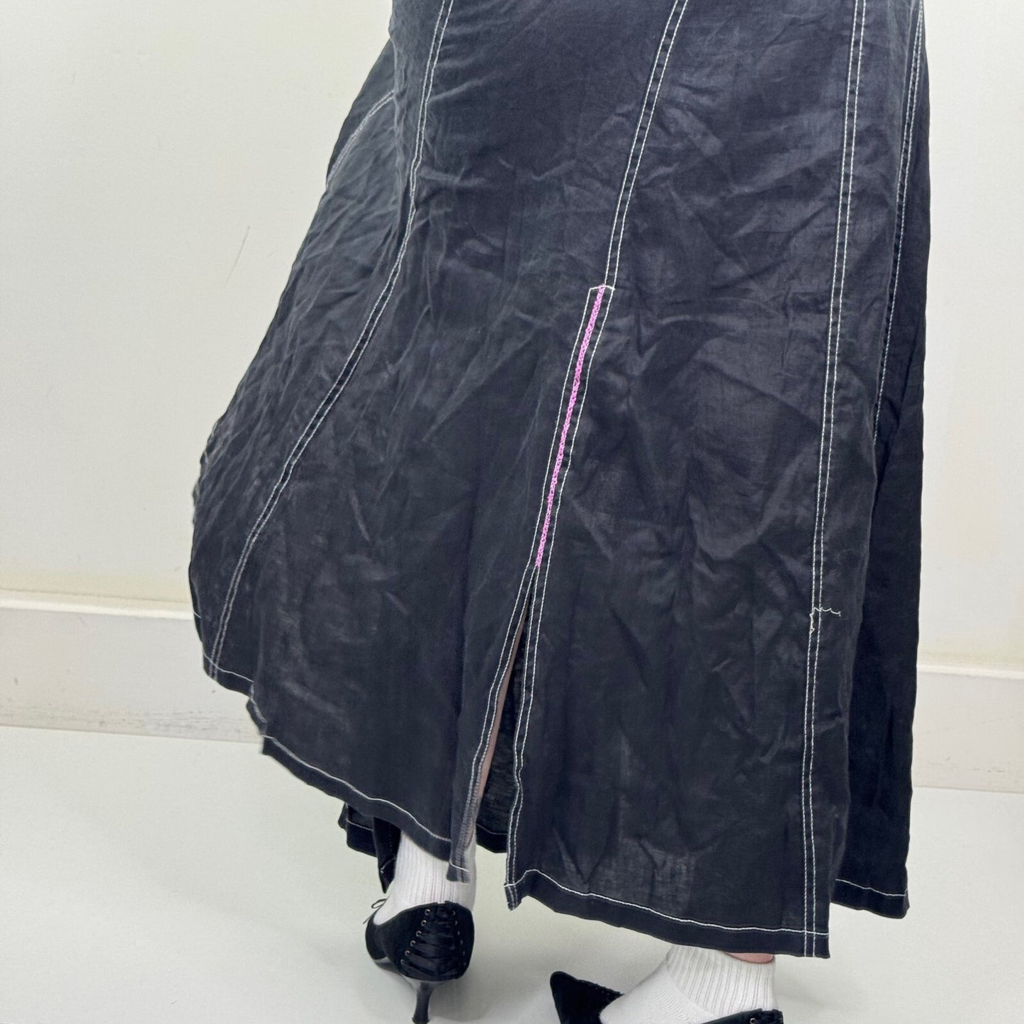 Y2K vintage 100% linen maxi skirt a line archive contrast stitch buckle