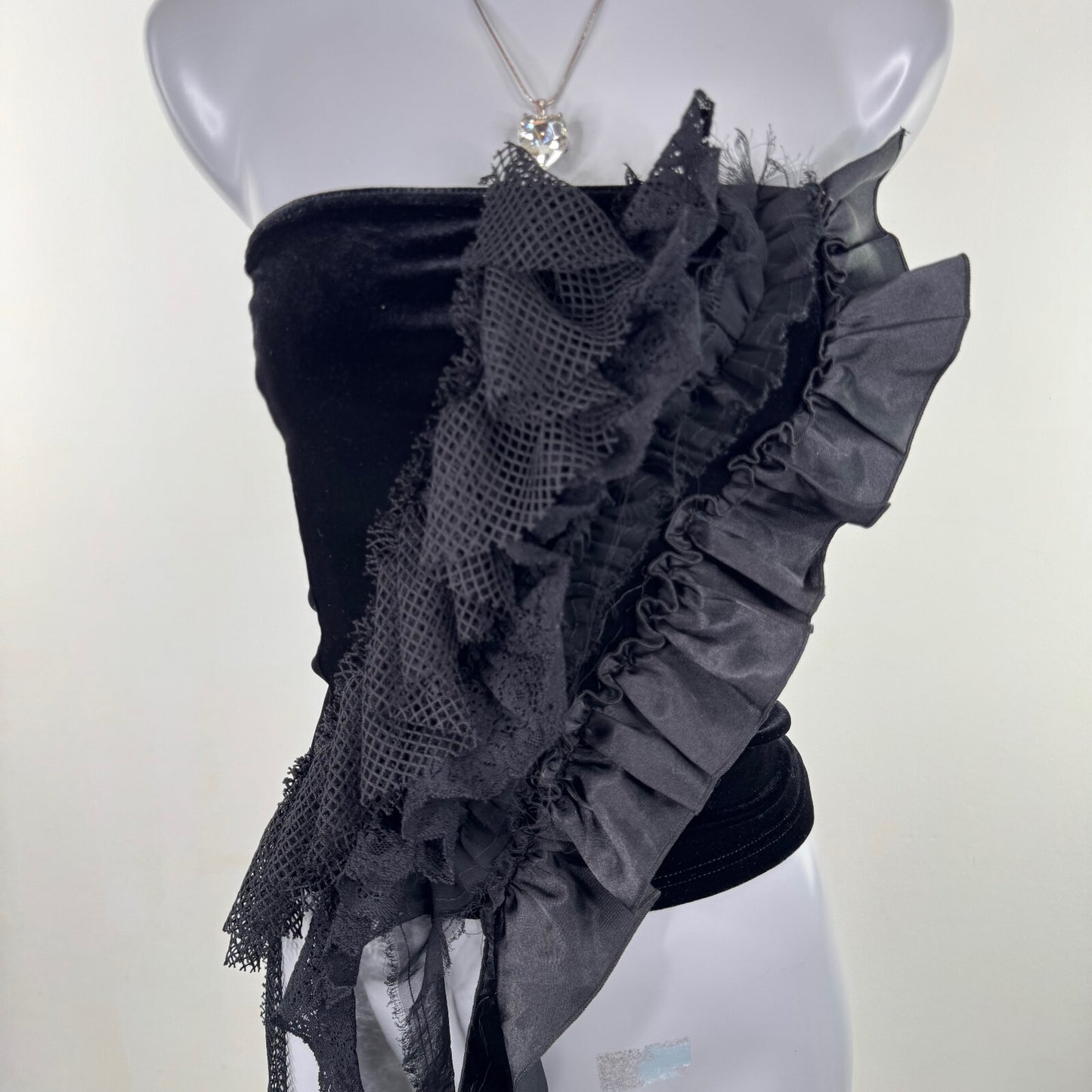 Y2K vintage strapless top ruffle velour fishnet ruched asymmetrical patchwork