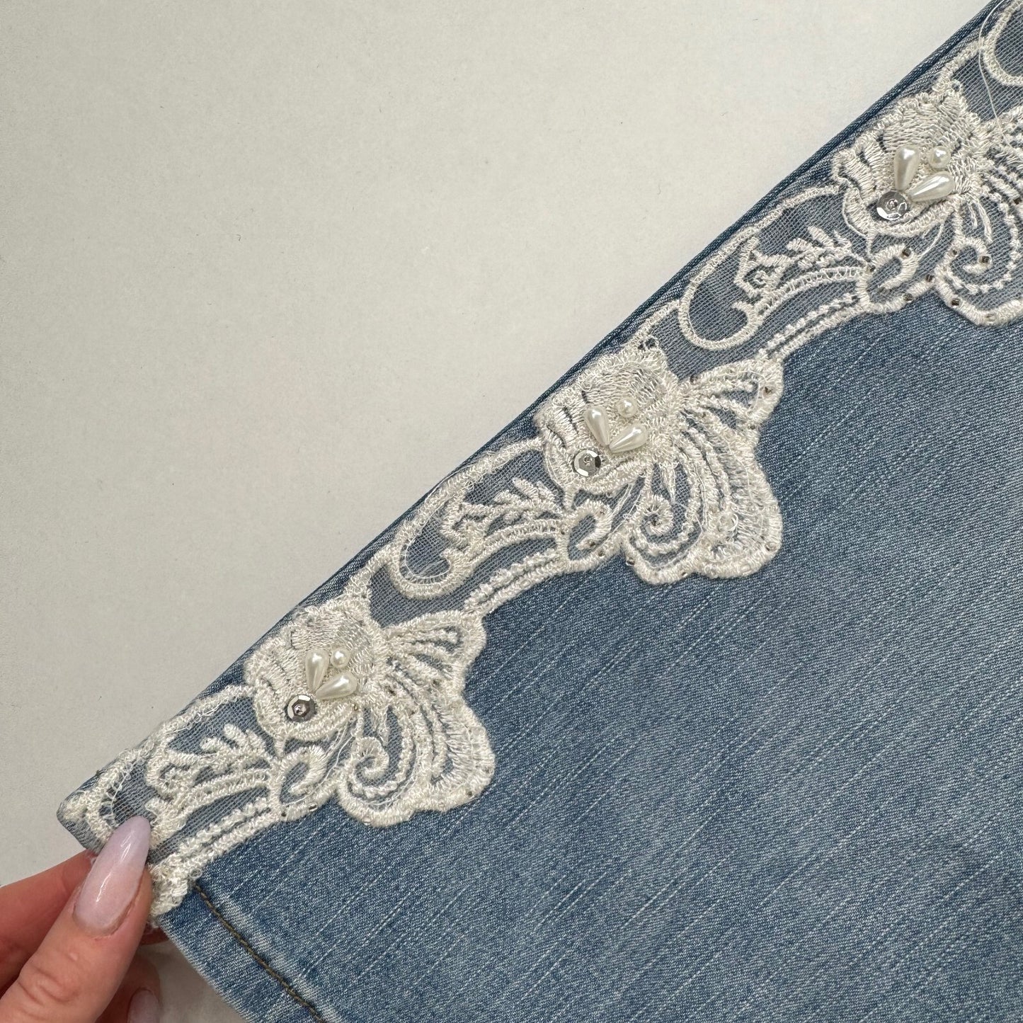 Y2K vintage bootcut denim jeans lace trim detail coquette beaded mid rise