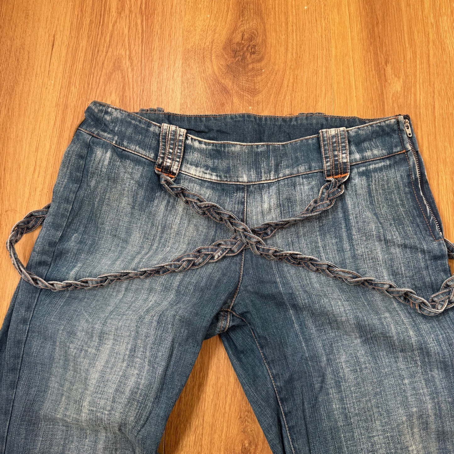 Y2K vintage bootcut denim jeans low rise braided faded mid blue wash