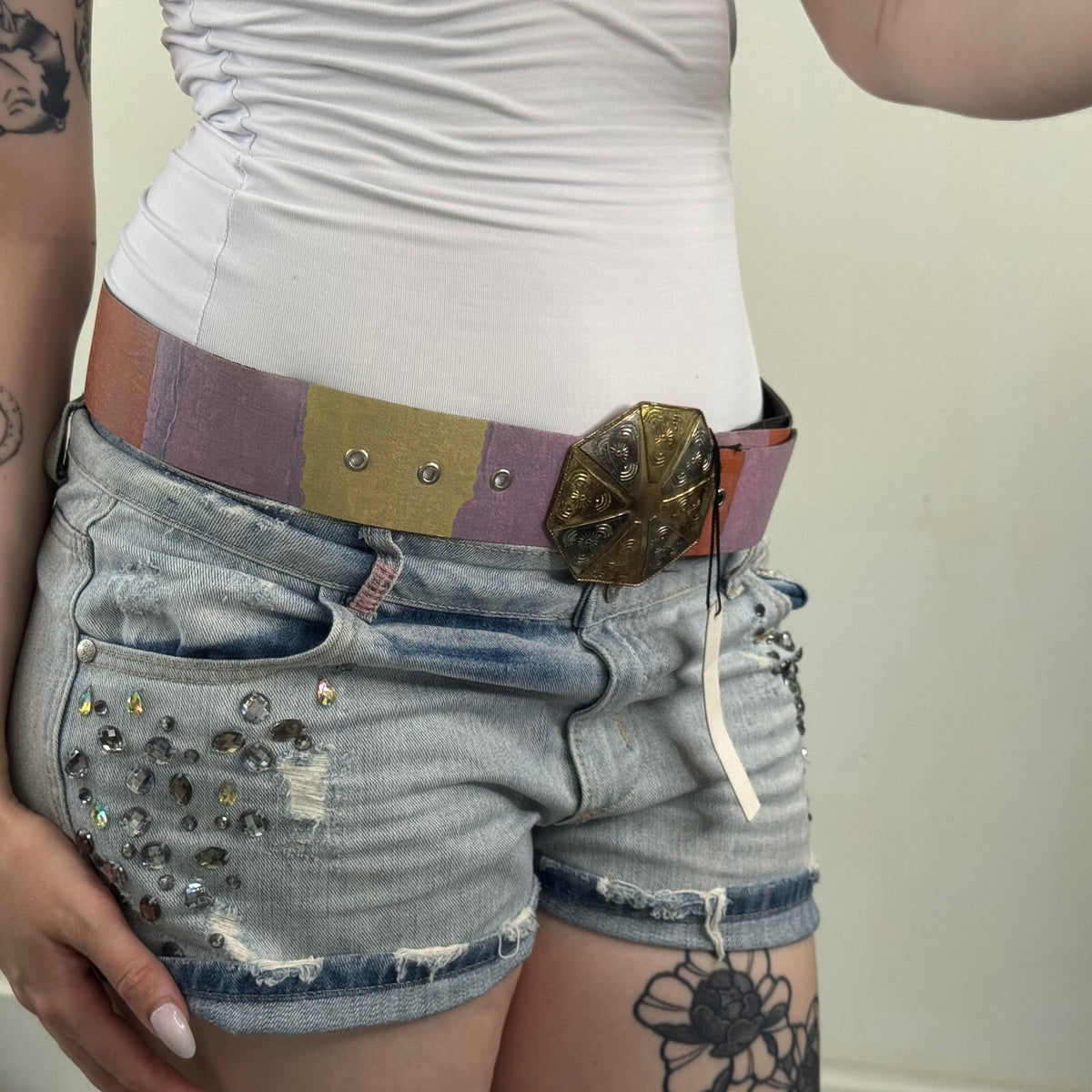 Y2K vintage belt boho colourful rainbow embossed circle hexagon disc