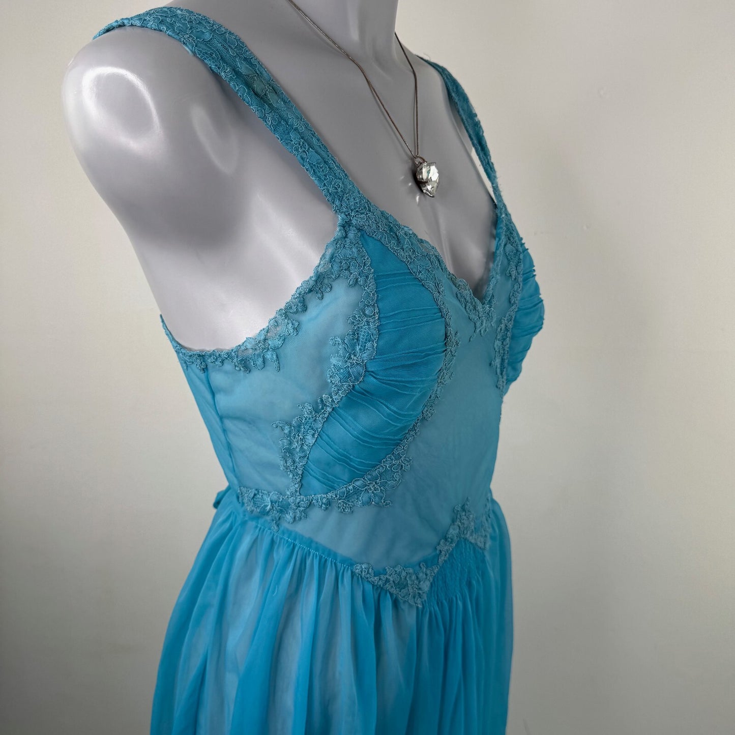 Vintage lingerie sheer maxi dress mesh lace trim bow coquette chiffon nightdress