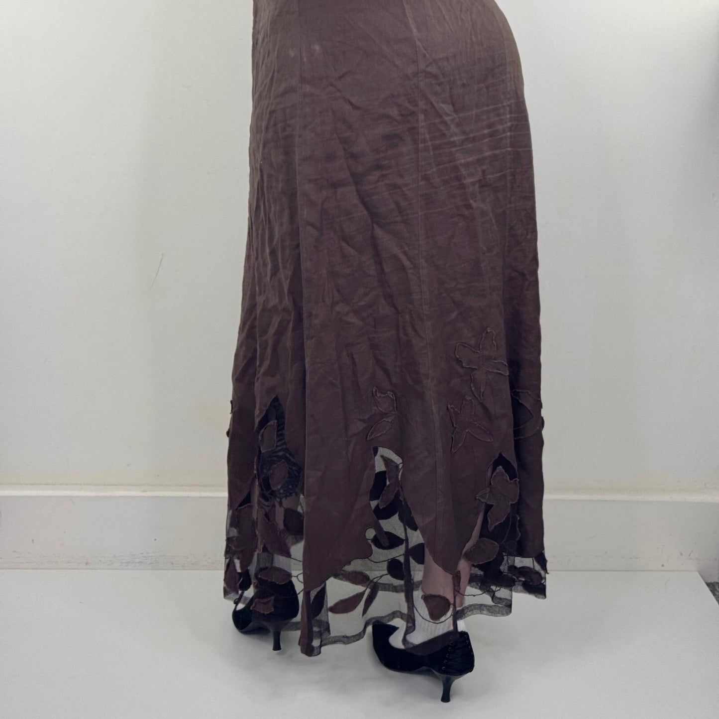 Y2K vintage Per Una maxi skirt 100% linen boho leaf sheer mesh brown a line